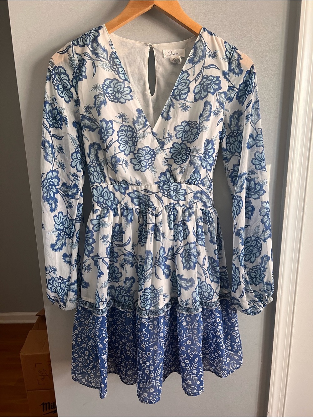 Japna White and Blue Floral Long-Sleeve Tiered Dress